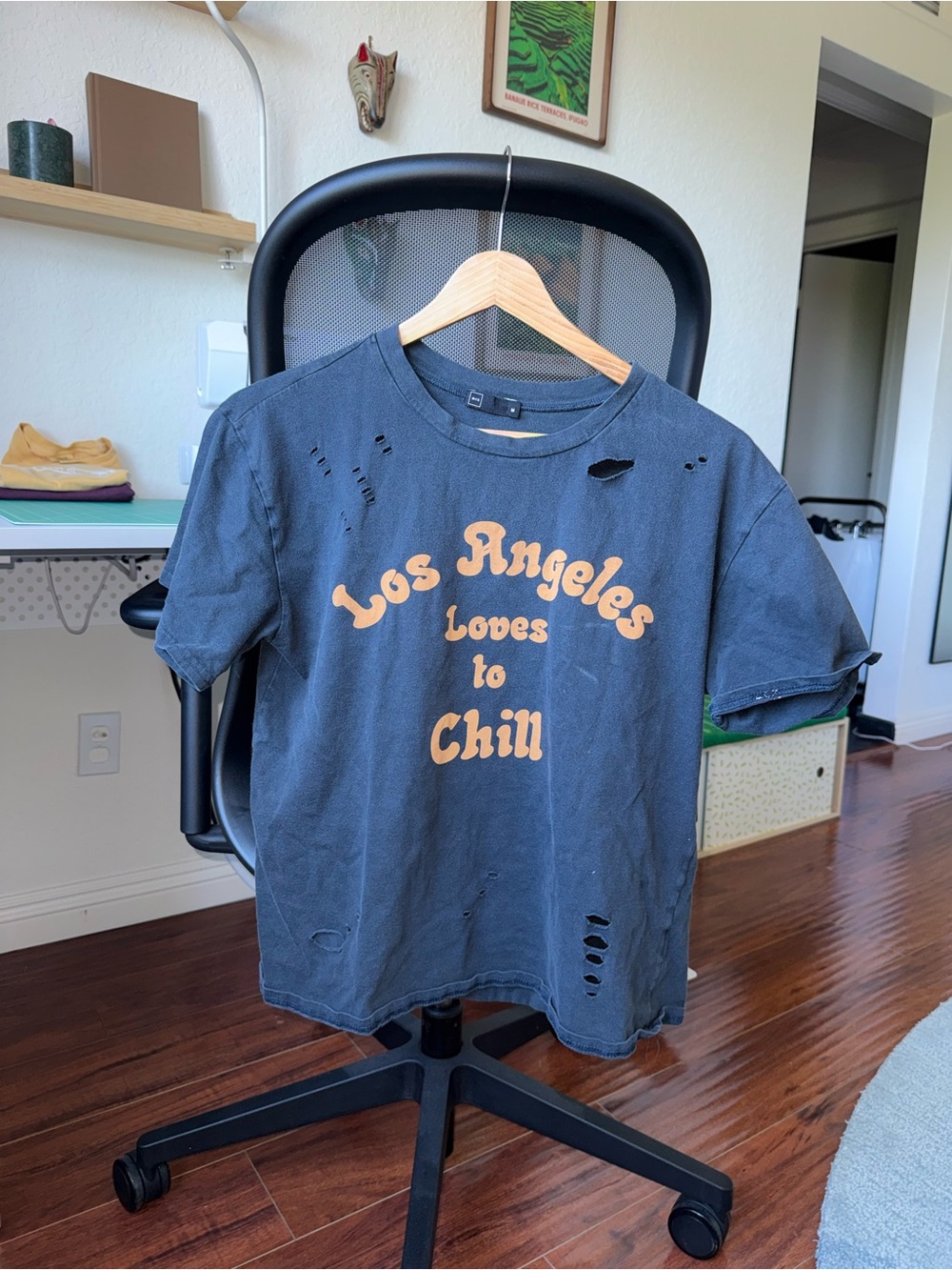 Distressed Los Angeles Loves to Chill Graphic Tee - Charcoal with Yellow Print.